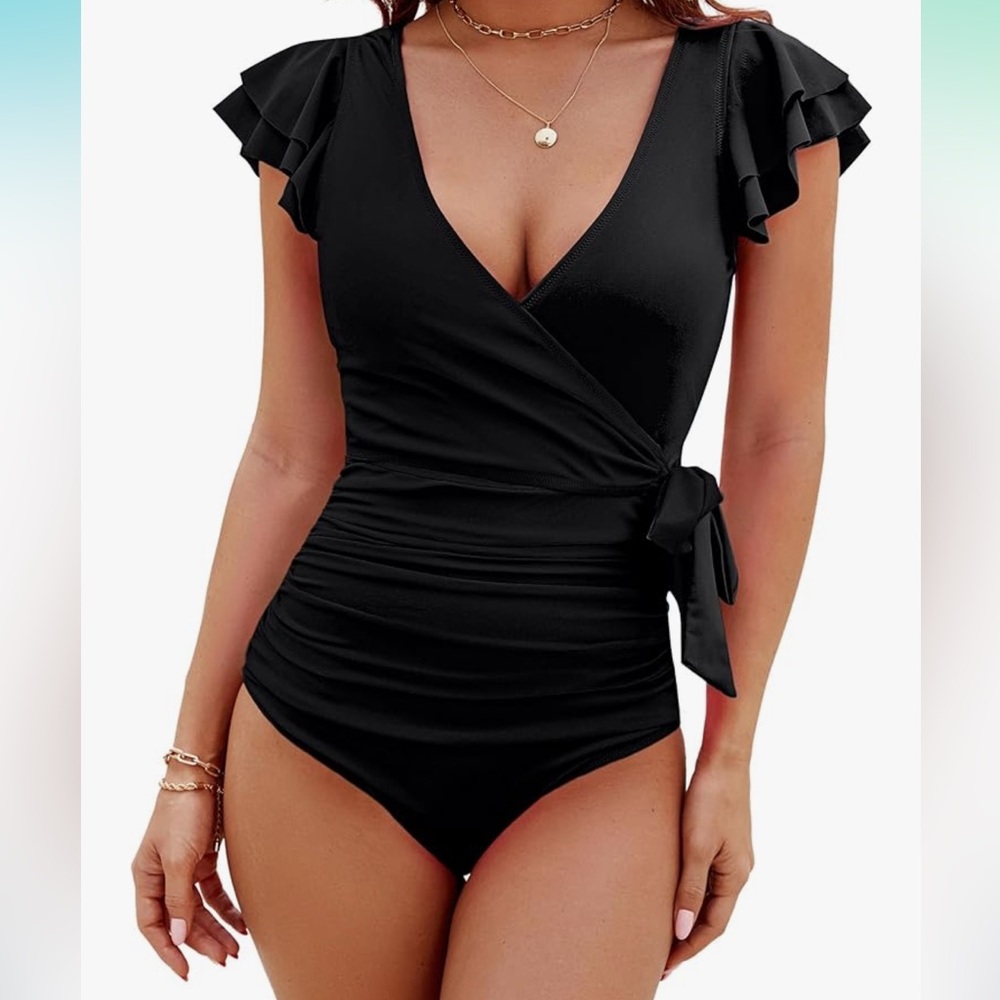Black Ruffled Wrap One-Piece Swimsuit - Brand